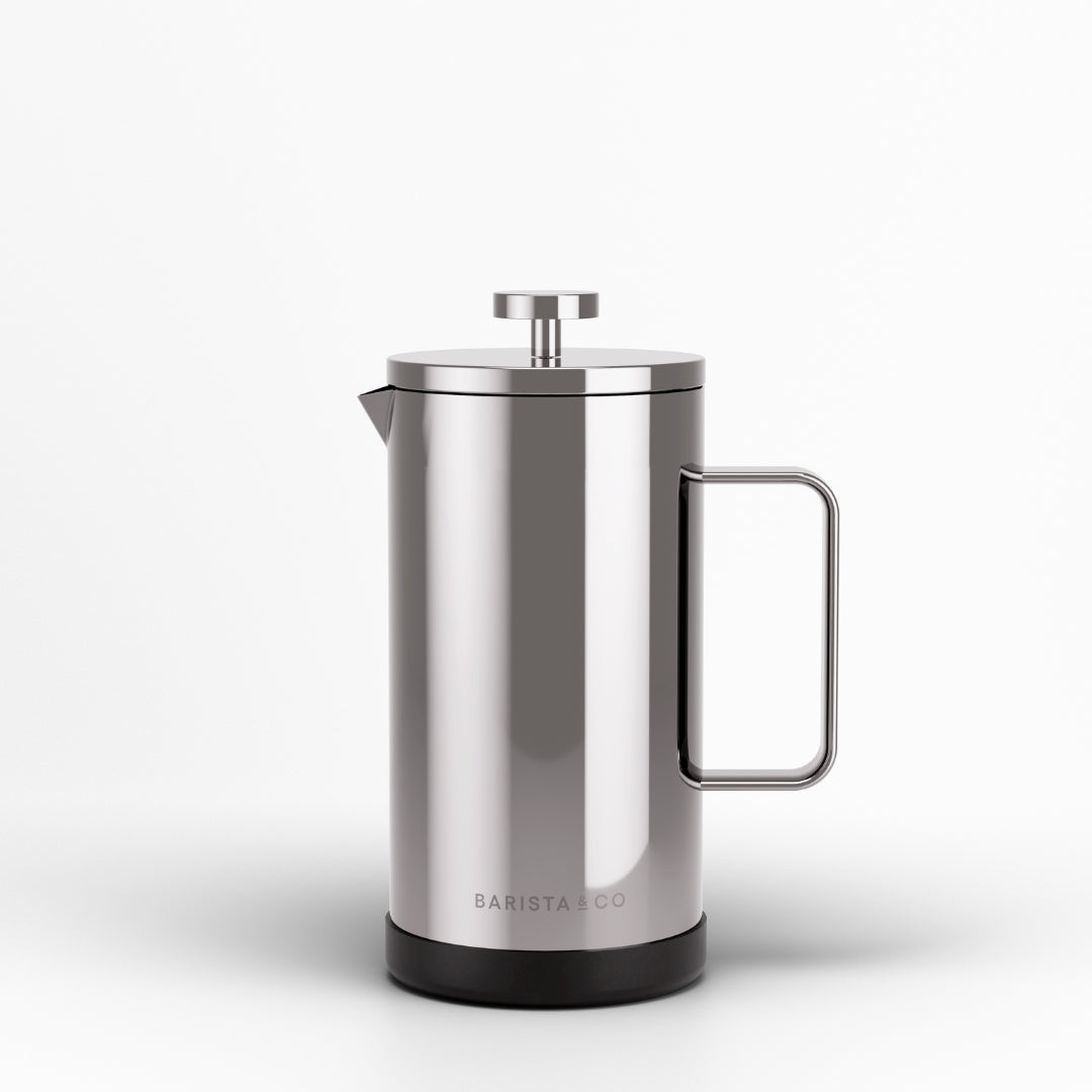 A sleek stainless steel French press coffee maker with a matte black base and a matching metal handle, shown on a clean white background.