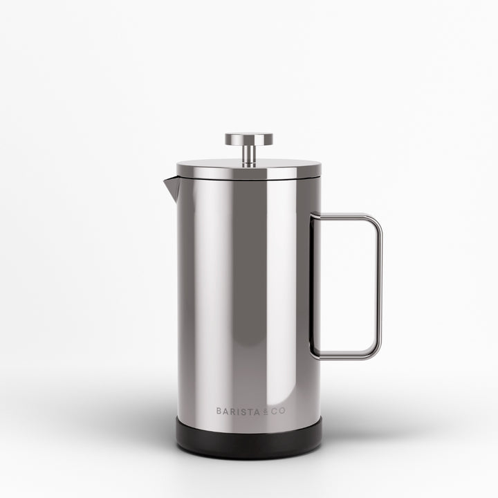 A sleek stainless steel French press coffee maker with a matte black base and a matching metal handle, shown on a clean white background.