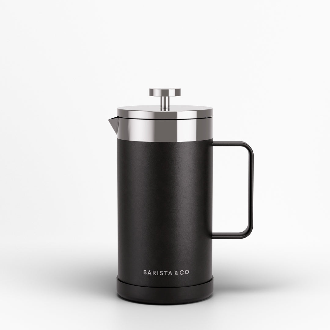 A matte black French press coffee maker with a stainless steel lid and handle, featuring the BARISTA & CO logo near the base, set against a clean white background.