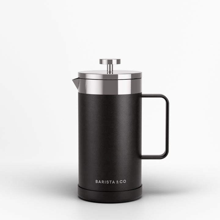 A matte black French press coffee maker with a stainless steel lid and handle, featuring the BARISTA & CO logo near the base, set against a clean white background.