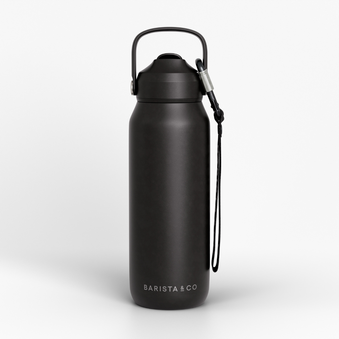 A matte black insulated water bottle with a matching black lid and carrying loop, shown on a clean white background.