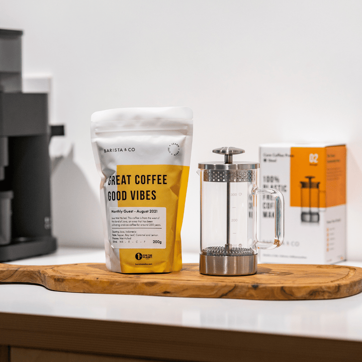 3 cup core coffee press and bag of coffee