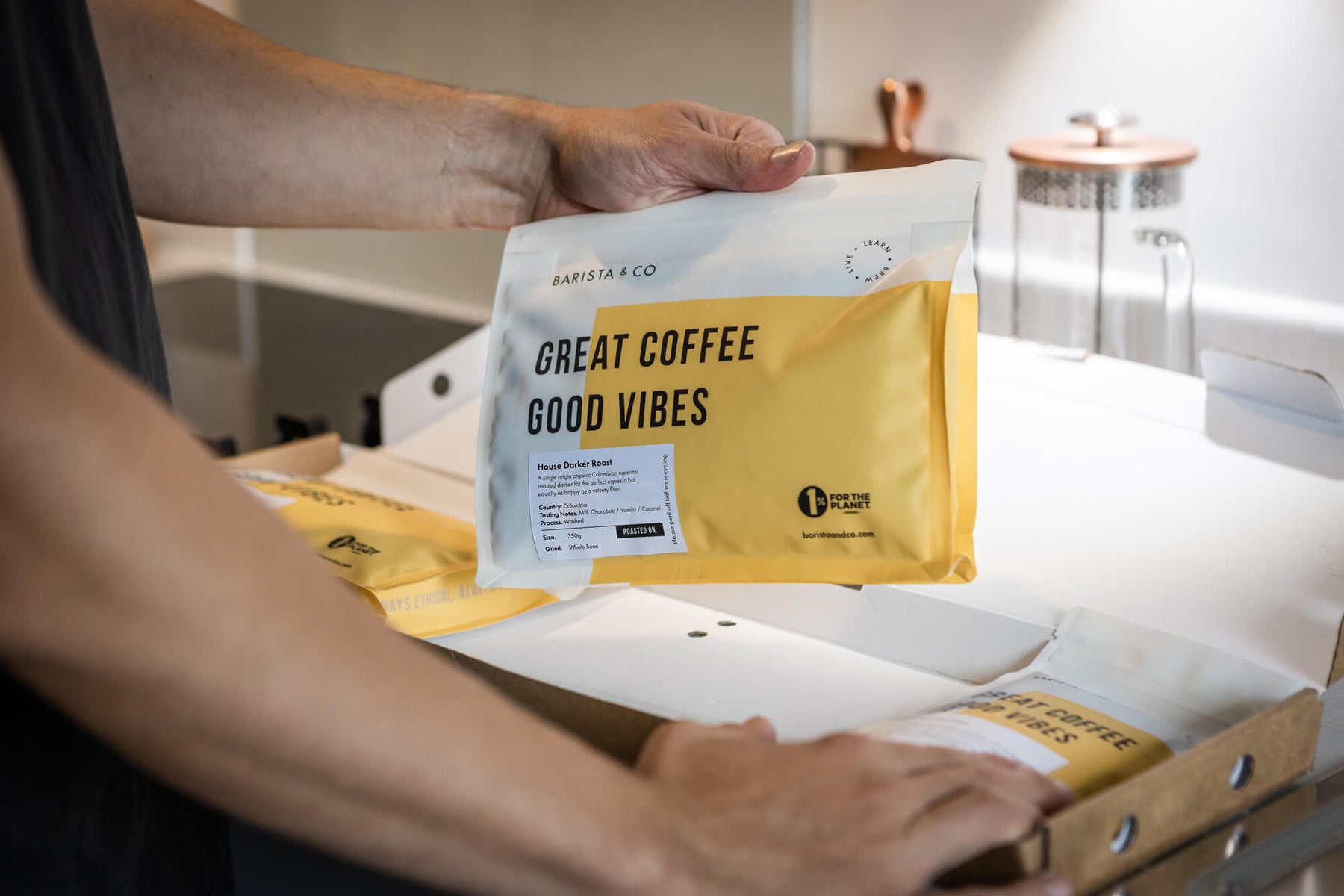 whole bean coffee subscription delivered monthly in letterbox friendly boxes and recyclable packaging
