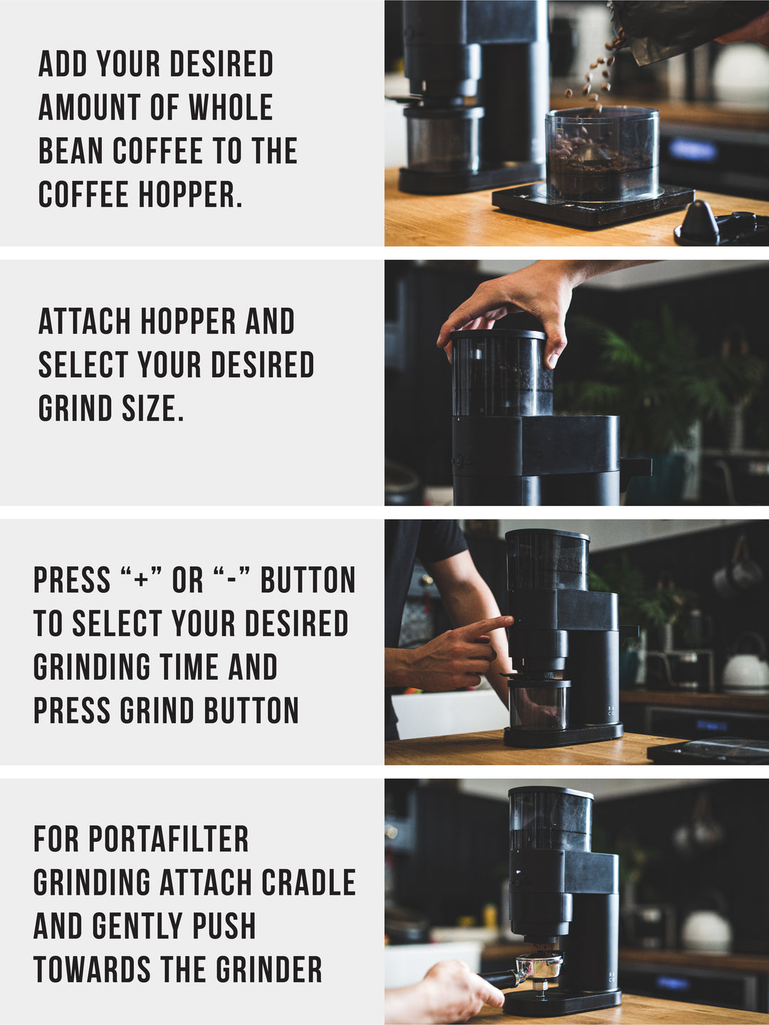 How To Brew fresh coffee at home with Barista & Co electric coffee grinder infographic