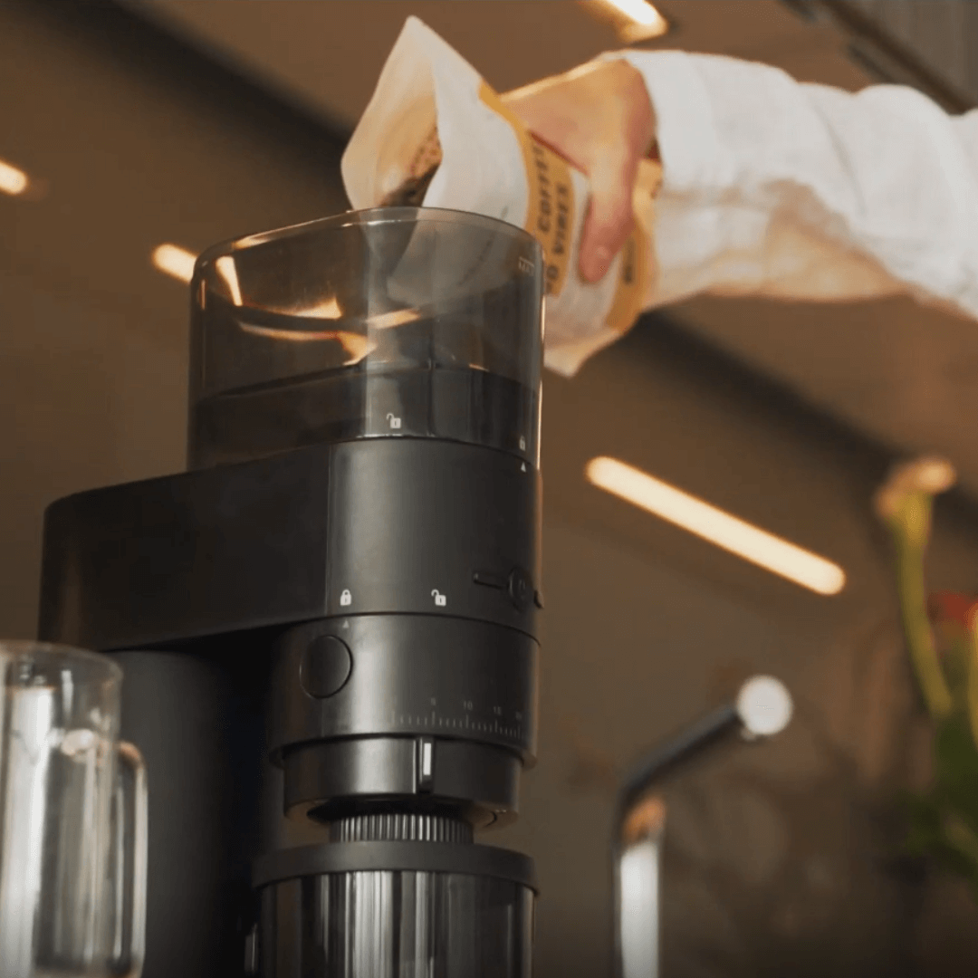pouring whole beans into coffee grinder